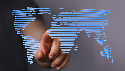 Digital world map illustration, hand interacting with global network connection, technology concept.