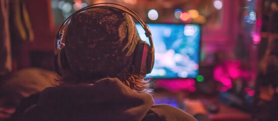 Person wearing headphones faces a computer screen, illuminated by vibrant pink and blue lights, focus on the back of the head