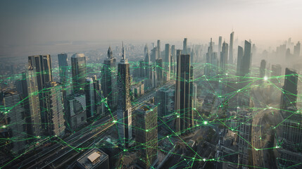 Fototapeta premium Sunshine in the Smart digital Innovation city with connection network reciprocity over the cityscape. of future smart wireless digital city and social media networking systems that connects people