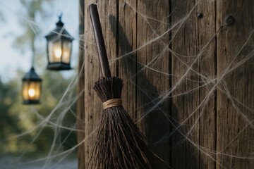 Rustic Halloween Scene with Witchs Broomstick and Lanterns