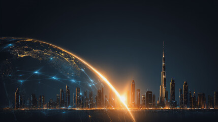 Fototapeta premium Sunshine in the Smart digital Innovation city with connection network reciprocity over the cityscape. of future smart wireless digital city and social media networking systems that connects people