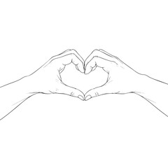 Obraz premium Minimalist line art drawing of two hands forming a heart shape gesture.