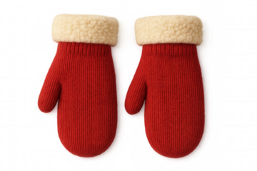 Red knitted mittens with faux fur trim isolated on transparent background, perfect for winter season