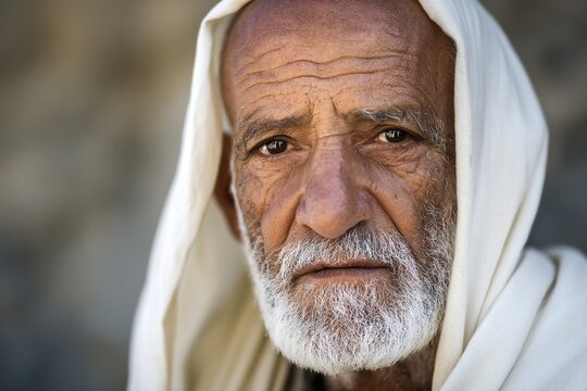A portrait of an elderly person who is looking directly at the camera, his face covered in wrinkles, with a calm and thoughtful expression that reflects wisdom and experience.