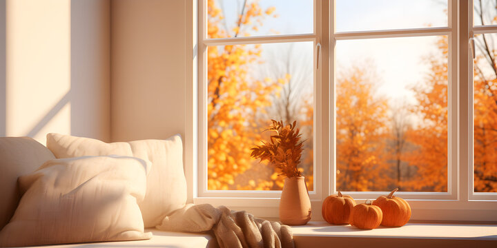 Cozy window sill with pillows and blanket, fall decoration and golden autumn outdoors view
