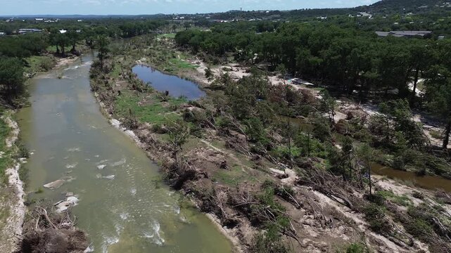The Guadalupe River cuts through Kerrville, Texas, after a devastating flood in the summer of 2025. 