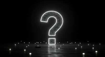 Illuminated question mark against a dark backdrop with glowing particles idea concept