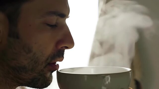 Close-up profile view of a young man with a beard, eyes closed, sensually enjoying a hot beverage from a light grey mug. Steam rises from the drink, suggesting warmth and comfort