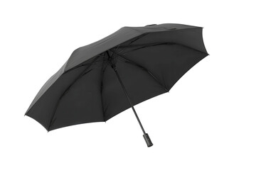 Obraz premium Elegant Black Umbrella Opened Against a White Background, Perfect for Rainy Days, Fashion Accessories, or Shelter from the Sun