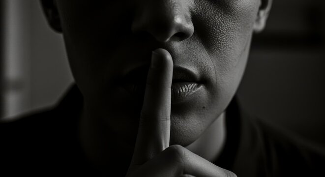 Intense monochrome portrait emphasizing secrecy with a finger over the lips conveys discretion