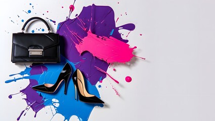 Fashion accessories artfully arranged with vibrant paint splatters