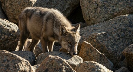 Fototapeta premium Lone wolf in the wilderness exploring rocky terrain a symbol of untamed nature and wildlife