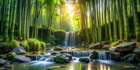 Serene waterfall flowing through a dense bamboo forest.