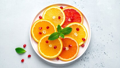Sliced citrus with pomegranate seeds and mint on white plate, fresh winter palette