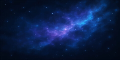 An abstract, deep blue night sky with bright stars, planets, and a colorful nebula in the cosmos