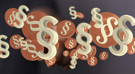 Abstract image of legal paragraph symbols on coins, ideal for law, finance, or contract concepts.