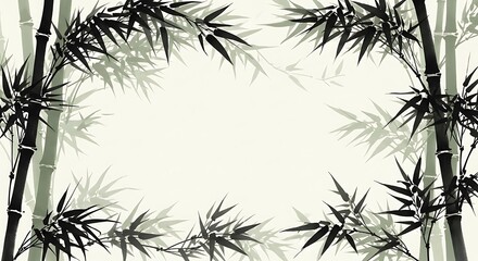 Obraz premium Bamboo stalks and leaves form a frame on a light background in a sumi e style painting with shadows