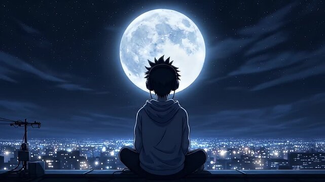 A silhouette of a boy sits under a large glowing full moon. lofi