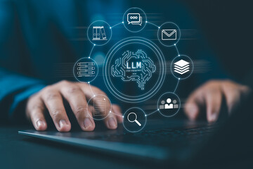 LLM large language model and custom AI solutions. Artificial intelligence driven automation technology. Person using laptop computer for training and instructing AI.