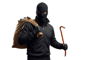 Burglar in ski mask with crowbar and loot bag personifying crime and intrusion transparent background