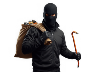 Burglar in ski mask with crowbar and loot bag personifying crime and intrusion transparent background