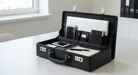 Obraz premium Professional's briefcase showcasing modern technology and stationery on a white table top