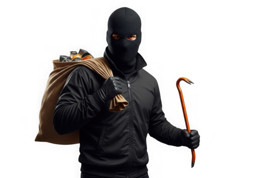 Burglar in ski mask with crowbar and loot bag personifying crime and intrusion transparent background
