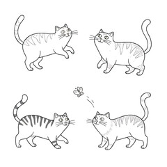 Set of four cute cartoon tabby cats in black and white line art illustration.