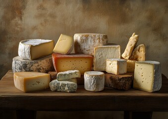 Fototapeta premium Assortment of Various Cheeses Displayed on Wooden Surface in Warm Lighting