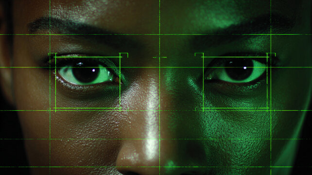 Digital face portrait with green cyberpunk effects and grid overlay representing futuristic technology concept