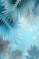 Soft, teal palm fronds frame a hazy, light blue sky backdrop; bokeh effect adds depth