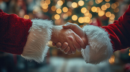 close-up of santa claus shaking hands with business employees in modern decorated office workplace with christmas tree and festive garlands, holiday corporate celebration concept