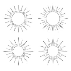 Set of four handdrawn sun illustrations with radiating starburst rays in a minimalist sketch style.