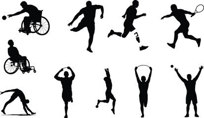 Disabled athlete sports silhouettes, inclusive active people vector icons, wheelchair and prosthetic runner shapes, dynamic fitness poses, isolated editable flat vector illustration © Creative _design