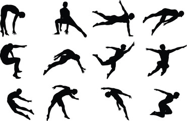 Jumping human silhouettes collection, dynamic movement vector icons, active pose shapes design, athletic body graphics, isolated editable flat vector illustration