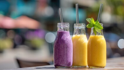 Three glass bottles filled with vibrant purple, pale yellow, and deep yellow smoothies sit on a wooden surface outdoors in bright sunlight.  A sprig of mint adorns one
