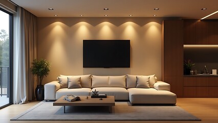 Elegant Modern Living Room Design with Neutral Tones and Comfortable Sofa