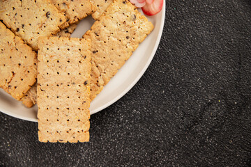 cracker whole grain healthy food durum wheat cookies tasty snack fresh delicious gourmet food background on the table rustic top view copy space