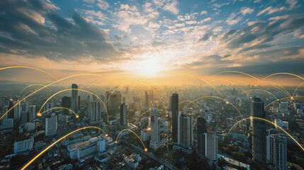 Naklejka premium Sunshine in the Smart digital Innovation city with connection network reciprocity over the cityscape. of future smart wireless digital city and social media networking systems that connects people