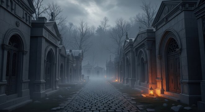 A dimly lit cobblestone path winds through a foggy gothic cemetery lined with