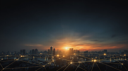 Fototapeta premium Sunshine in the Smart digital Innovation city with connection network reciprocity over the cityscape. of future smart wireless digital city and social media networking systems that connects people