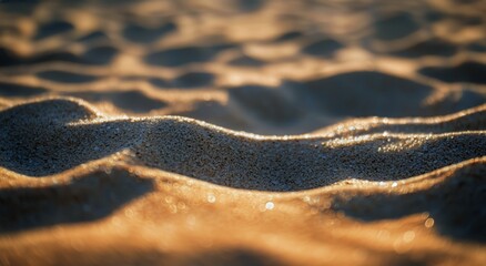 Obraz premium Soft Waves Gently Wash Over Golden Sand at Sunset on a Tranquil Beach.