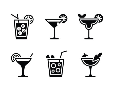 A simple collection of black glyph icons depicting various cocktails and alcoholic beverages, isolated on a white background for graphic design.