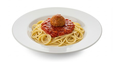 Spaghetti with Red Sauce and Meatball on White Plate - Classic Italian Meal