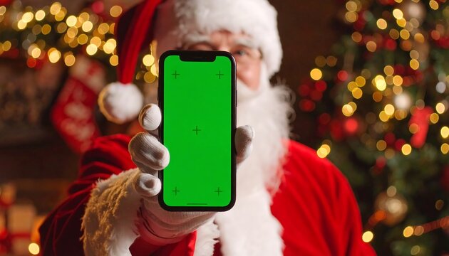 A person in a Santa costume holds out a smartphone with a green screen during a festive Christmas celebration
