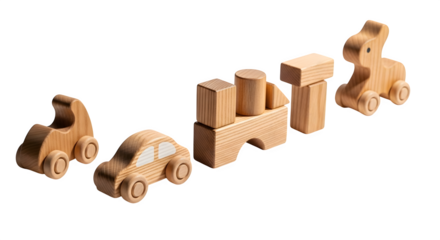 Wooden toy set isolated on transparent background, ecofriendly and educational plaything for children, promoting creativity and imagination