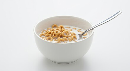Bowl of Cereal Rings Floating in Milk with Spoon on White Surface