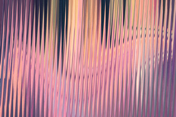 A vibrant abstract pattern features vertical lines with a rippled effect, showcasing a gradient of pink, purple, and golden hues