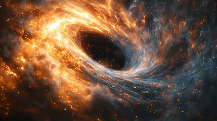 A vibrant cosmic nebula swirls around a powerful blackhole in deep space illustrating immense gravitational forces