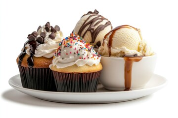 Sweet Delights: A tantalizing array of cupcakes and ice cream on a plate, a symphony of flavors and textures creating an irresistible visual feast.